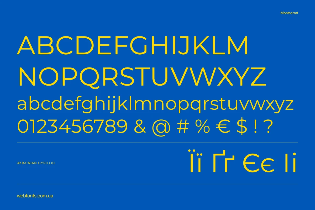 Montserrat font alphabet — Latin, numbers and Ukrainian Cyrillic (Ї, Ґ, Є, І)